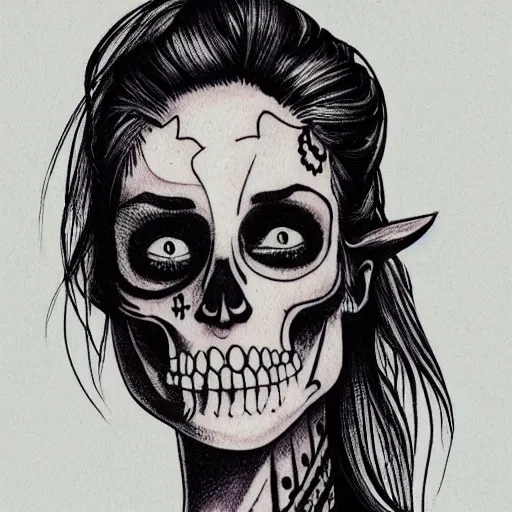 Image similar to a tattoo illustration of young woman with horse face, gothic style, skulls are lying underneath