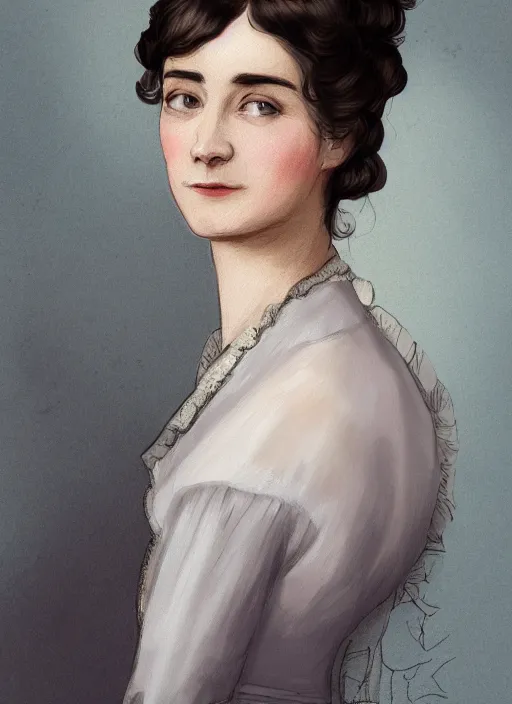 Prompt: a photograpic portrait of elizabeth bennet, pride and prejudice, with kind face, dark hair, georgian dress, intricate, elegant, highly detailed, digital painting, concept art, smooth, sharp focus, illustration,