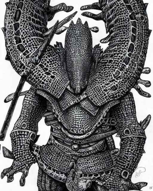 Image similar to anthro crocodile crocman wearing tribal armor, artwork by kentaro miura, crocodile man, kentaro miura art