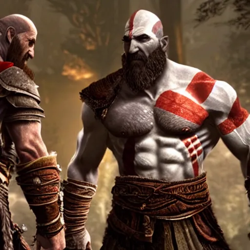 Image similar to screenshot of the game God of War with Kratos and walter white