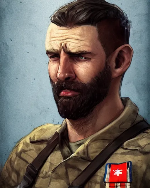 Image similar to portrait of muscular, tired and alcoholic 3 0 - year - old grieving man with short darkblonde hair, serious sad look in his eyes, looking down, dirty beard, blue eyes, crying tears, wearing dirty soldier uniform, on the desert, sad atmosphere, hyper realistic face, character art, art by mark brooks, cryengine, trending on artstation, digital art