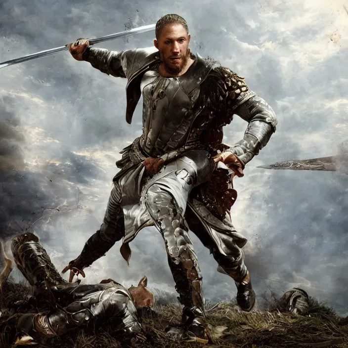 Image similar to professional photographic portrait of tom hardy as machiavelli fighting aliens with a sword strewn over the ground, renaissance style, fine art piece, incredible detail, vray rendering, high octane,