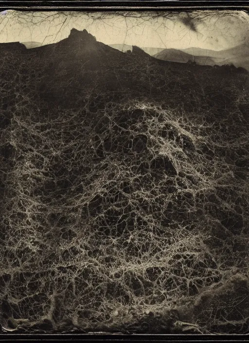 Image similar to old wetplate daguerreotype landscape of the high hills in the sun, dubbel negative exposure, explosion of data fragments, fractal, intricate, elegant, highly detailed, parallax, leica, medium format, subsurface scattering, by jheronimus bosch and greg rutkowski and louis jacques mande daguerre