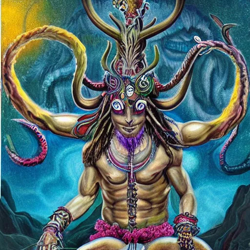 Image similar to a hyper-detailed painting with high details and textures of a psychedelic demon with dreadlocks horns and several eyes, he is in a meditation position and has an open third eye and mystical spiritual powers, the mix cernunnos + shiva