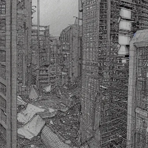 Prompt: crumbling society, dilapidated buildings, overcast skies, muted colors, drawn by moebius