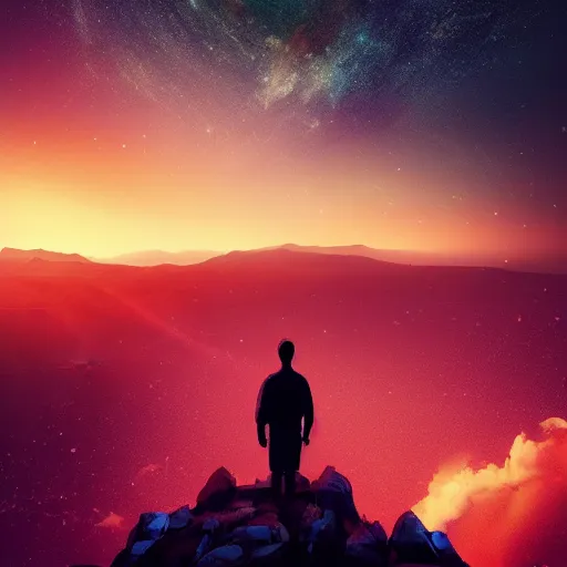 Image similar to a man standing on a cliff looking at the stars in the sky, a matte painting by alena aenami, unsplash, space art, outrun, synthwave, retrowave