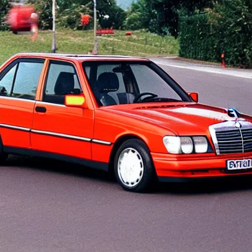 Image similar to Mercedes 190E crashing against a teletubbie