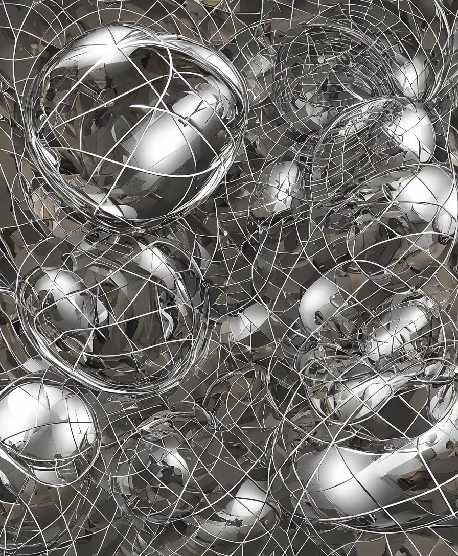 Image similar to render photoreal high gloss chrome abstract sphere puzzle maze breathtaking surreal Dali