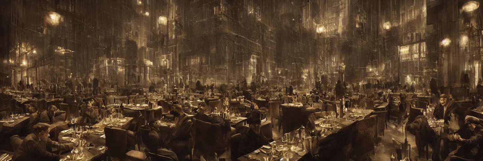 Prompt: Babylon Berlin. Night. Inside a crowded Art deco restaurant. Berlin, late golden 1920s. Gropius. Metropolis. Mist. Highly detailed. Hyper-realistic. Cheerful. Merry mood. Matte painting in the style of Craig Mullins