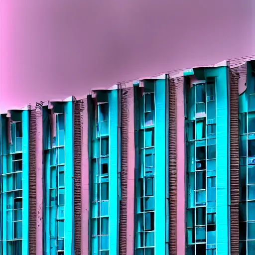 Image similar to brutalist building with touches of cyan and pink. moody and melanchony