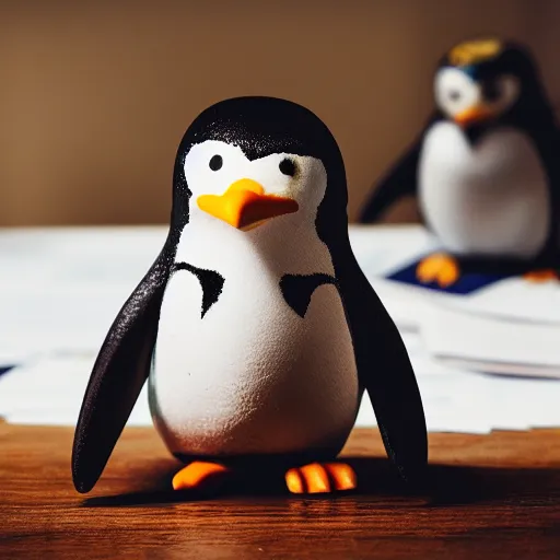 Image similar to Penguin counting its money on the kitchen table, lots of bills, 4k, moody lighting