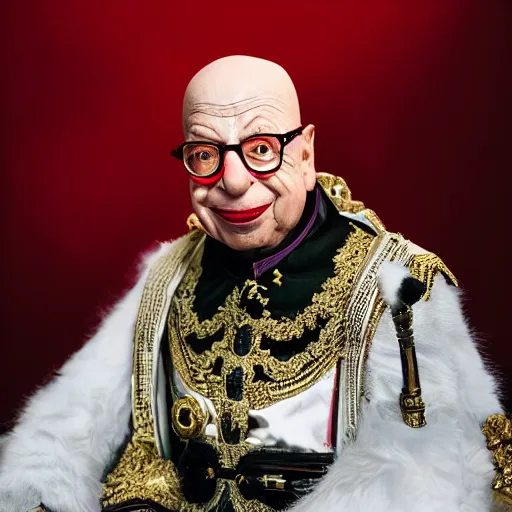 Image similar to UHD candid color photo of Klaus Schwab dressed as emperor, wearing accurate clown makeup, accurate face, UHD, photorealistic, correct face, photo by Annie Leibowitz