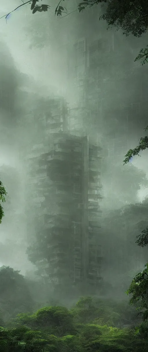 Prompt: brutalist architecture inspired by louis kahn deep in the rainforest. nature is taking over. matte painting by thu berchs. concept art. color scheme dark green and dark yellow. mist. cinematic.