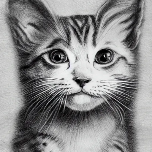 Image similar to a pencil drawing of a kitten, in the style of salvador dali