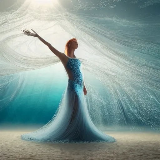 Prompt: a beautiful woman with long hair dancing underwater wearing a very long flowing dress made of many translucent layers of silver and blue lace seaweed, gentle ocean waves above cause the flicker of caustics lighting on the soft sandy bottom, thousands of tiny bubbles throughout the scene float upward, large translucent swirling shapes in the background, octane render, cinematic, hyperdetailed