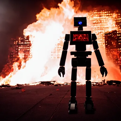 Image similar to cinematic shot of a tall all-black metallic humanoid robot with glowing red eyes holding a machine gun and walking through the burning ruins of a luxury casino filled with smoke, 8k, dslr, epic, dramatic,