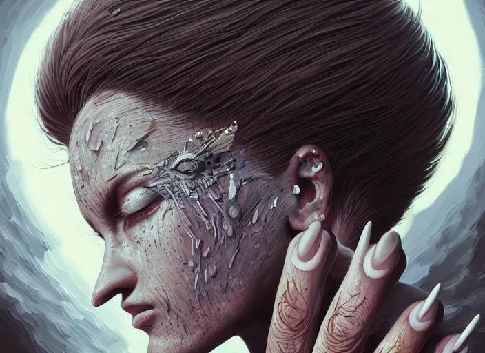 Image similar to a stupid head with highly detailed realistic nails sticking out of it, pain, light effect, hyper detailed, intricate, elegant, highly detailed, digital painting, artstation, concept art, matte, sharp focus, illustration, by dan mumford, yusuke murata, makoto shinkai, ross tran