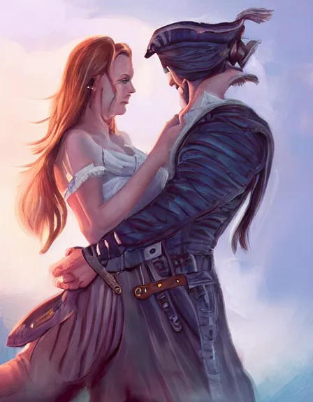 Image similar to couple in love. fully clothed armed female pirate captain, rachel wall, with a male pirate partner, sun, summer, blue eyes, beauty, wisdom, love, strength, knowledge, smart, portrait, symmetrical, highly detailed, digital painting, artstation, smooth, sharp focus, illustration, strength, art by felice house. 8 k