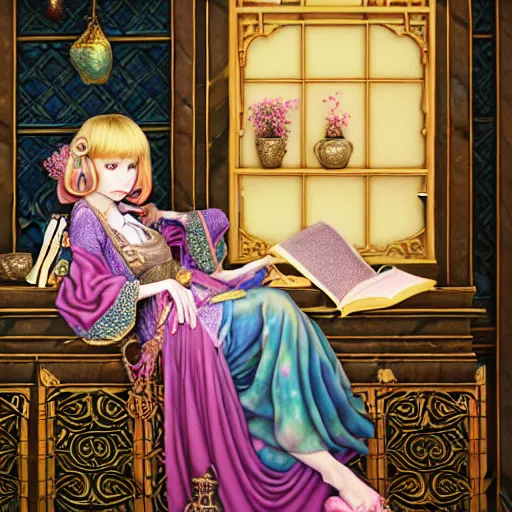 Image similar to a detailed fantasy pastel portrait of a woman wizard in ornate clothing lounging on a purpur pillow on the marble floor in front of her bookcase in a room, reading an ancient tome. to the side is a potted plant, moody light. ancient retrofuturistic setting. 4 k key art. raytracing, perspective, by chie yoshii and yoshitaka amano.