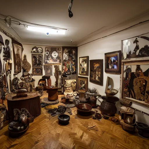 Prompt: a wide angle view of an ethnographic collection of objects on display, poetical, dream, unconscious, alternative world, fujifilm x - h 2 s, photography