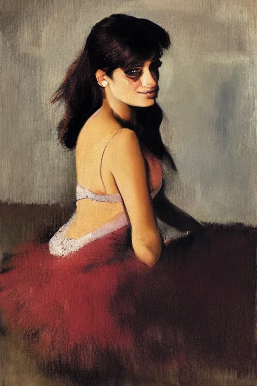 Image similar to oil painting, portrait of penelope cruz, artwork by edgar degas