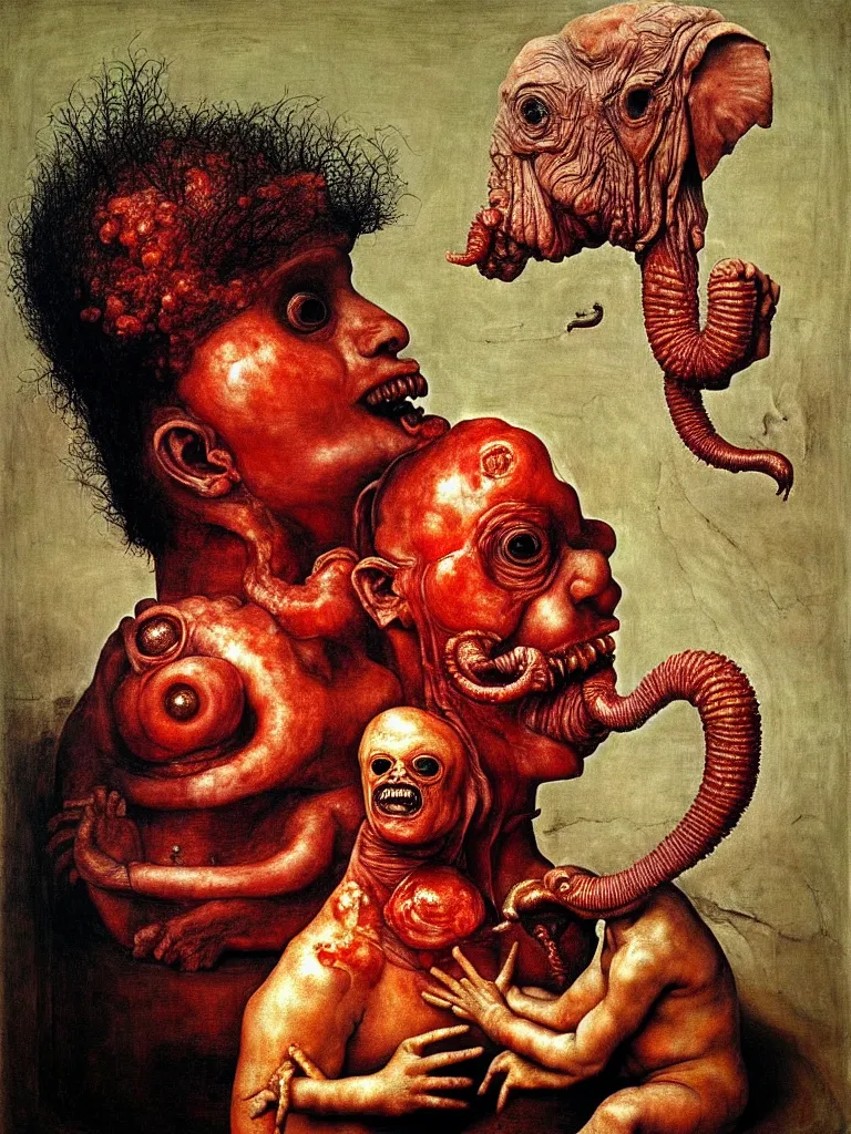 Image similar to a boy like eraserhead and elephant man sitting in a tub full of tomato sauce, looking straight into camera, screaming in desperation, by giuseppe arcimboldo and ambrosius benson, renaissance, fruit, intricate and intense oil paint, a touch of beksinski and hr giger and edward munch, realistic, rules of composition, headspace