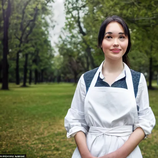 Prompt: a full body portrait of a very very very beautiful young woman wearing a white apron in a park, very detailed, William-Adolphe, photo taken with Sony a7R