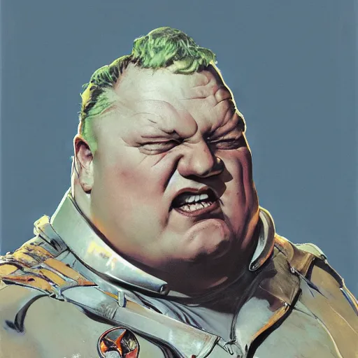Prompt: exaggerated portrait of baron vladimir harkonnen in leather spacesuit, norman rockwell, jack kirby, alex ross, bergey, craig mullins, ruan jia, jeremy mann, tom lovell, 5 0 s science fiction, pulp scifi fantasy marvel illustration