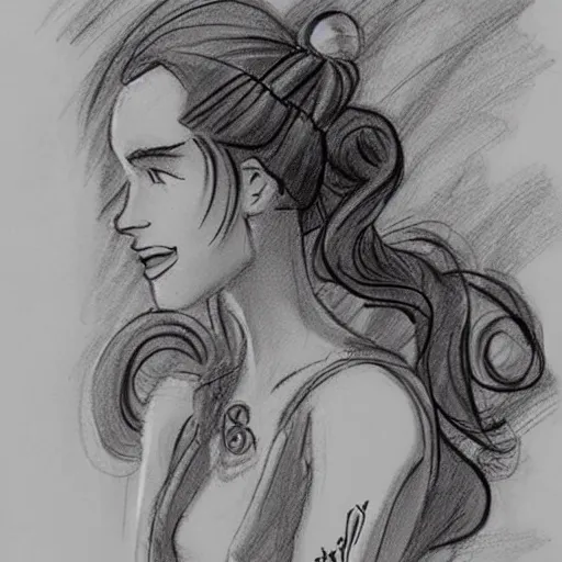 Image similar to milt kahl sketch of vanessa hudgeons with done up hair, tendrils covering face and ponytail as princess padme from star wars episode 3