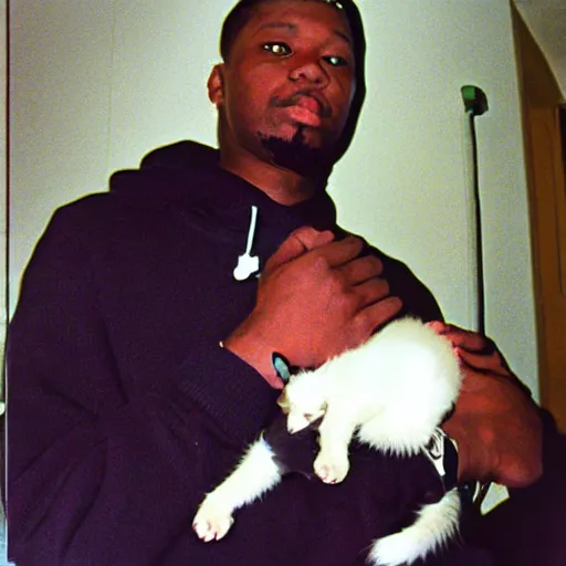 Prompt: 15mm wide-angle lens photo of a rapper in 1990 New York holding a kitten up to the camera