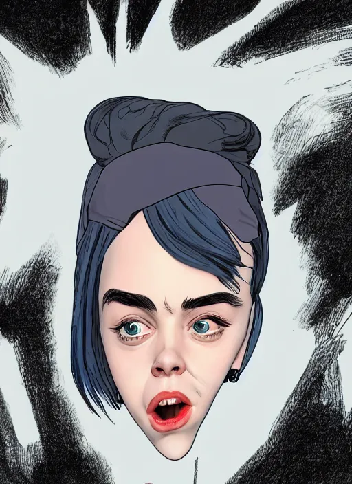 Prompt: a comic drawing caricature of billie eilish as a pixar character, high quality, 8 k, soft lighting, realistic face, path traced, by frank frazetta, simon bisley, brom