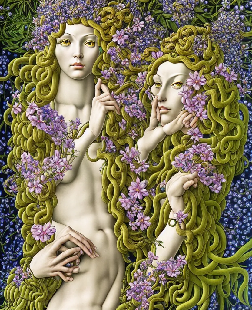 Prompt: the deity of Spring, made entirely out of flora and fauna, in a style combining Botticelli, Möbius and Æon Flux, surrealism, stunningly detailed artwork, hyper photorealistic 4K, vivid and perfect colors, very fine inking lines