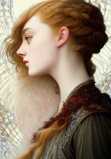 Image similar to sansa elle fanning, intricate, elegant, highly detailed, digital painting, artstation, concept art, smooth, sharp focus, illustration, art by artgerm and greg rutkowski and alphonse mucha and william - adolphe bouguereau