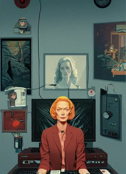 Image similar to Twin Peaks poster artwork by Michael Whelan, Bob Larkin and Tomer Hanuka, Karol Bak of portrait of radio host Tilda Swinton hanging out in her studio radio sound booth, from scene from Twin Peaks, simple illustration, domestic, nostalgic, from scene from Twin Peaks, clean