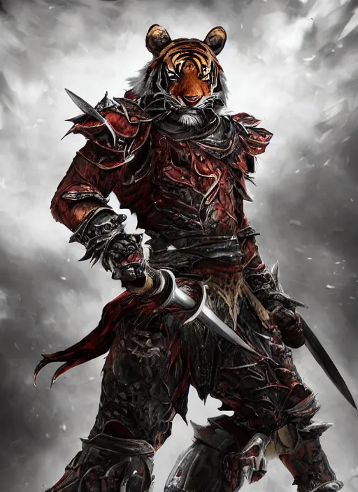 Prompt: evil villan character, very hostile very angry realistic detailed semirealism tiger man wearing samurai armor. fire Tiger_character, tiger_beast, 獣, FFXIV, iconic character splash art, angry character wielding a sword, blade, katana, blurred background, muscular scary brute, MMOrpg, dramatic cinematic Detailed fur, tank type character, detailed metal textures, 4K high resolution quality artstyle professional artists WLOP, Aztodio, Taejune Kim, Guweiz, Pixiv, Instagram, Artstation