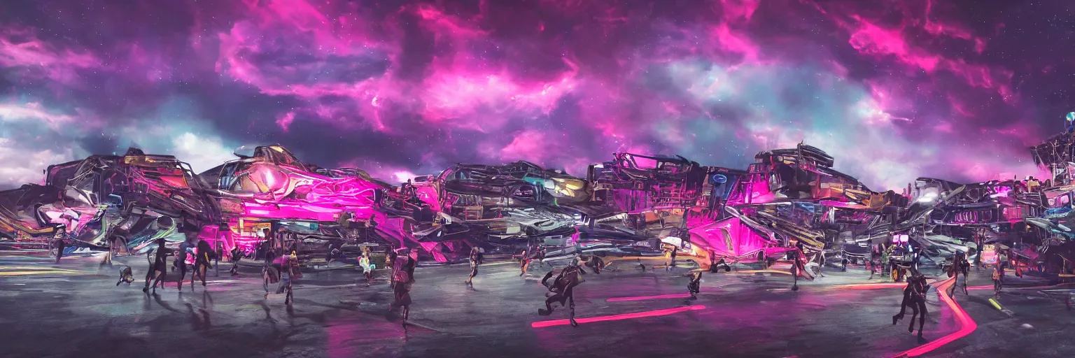 Prompt: spase dogs running with neon mohawks, space, dark, stars, pink, oil painting, pirate neon ship with punks on board, neon, rich deep colors masterpiece, ultra detailed, contrast, lots of roman arches, clouds, sky, volumetric light, atmospheric lighting, dramatic, cinematic, moody, octane render 4 k, 8 k