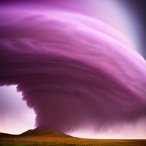 Image similar to amazing photo of purple clouds in the shape of a tornado by marc adamus, digital art, beautiful dramatic lighting