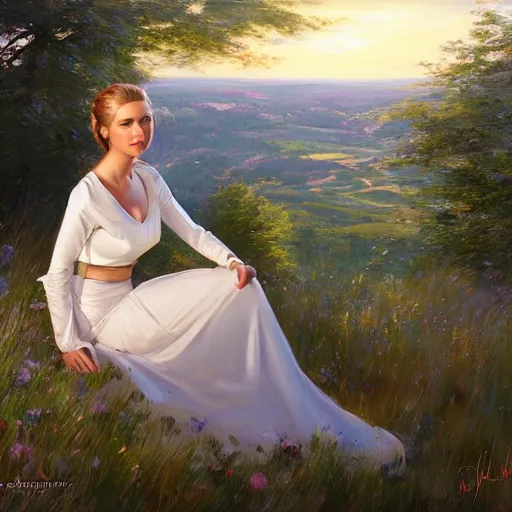 Image similar to blonde Princess Leia, Swedish countryside, landscape view, archipelago, painting by Vladimir Volegov, wlop, artstation