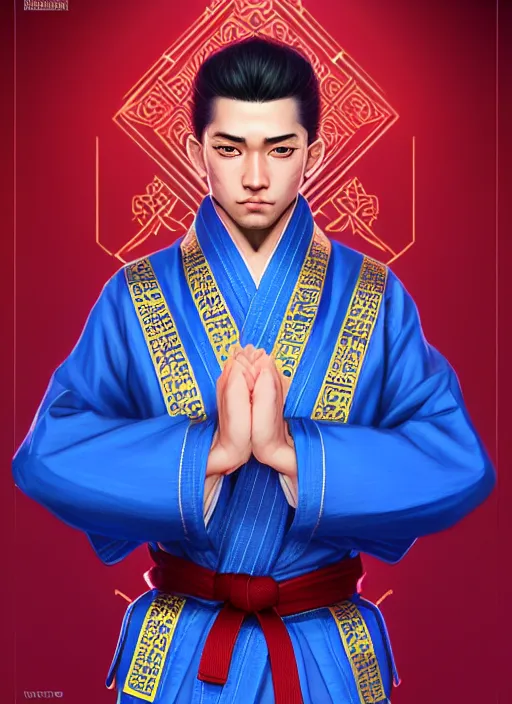 Image similar to male manchurian martial artist!!!! blue eyes!! intricate ornate blue robes!! character concept art, sharp focus, octane render! unreal engine 5! highly rendered!! trending on artstation!! detailed linework!! illustration by artgerm, wlop, and chie yoshii