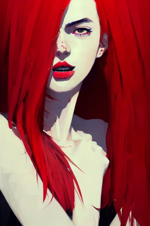 Image similar to a ultradetailed beautiful portrait panting of a stylish woman with red bangs, she is wearing a black dress, by conrad roset, greg rutkowski and makoto shinkai, trending on artstation