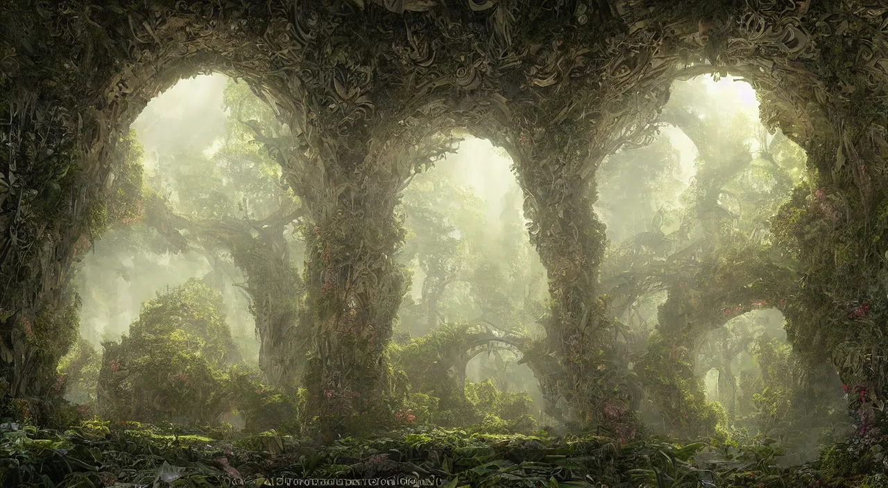 Image similar to ancient structure, large illuminated gateway, fractal structure, cellular biology, thick forest, many flowers by glenn small, by ernst haeckel, by albert bierstadt, photorealistic, zaha hadid, god rays, volumetric lighting, detailed, intricate, delicate, raytrace, octane, light fog, neon, bladerunner