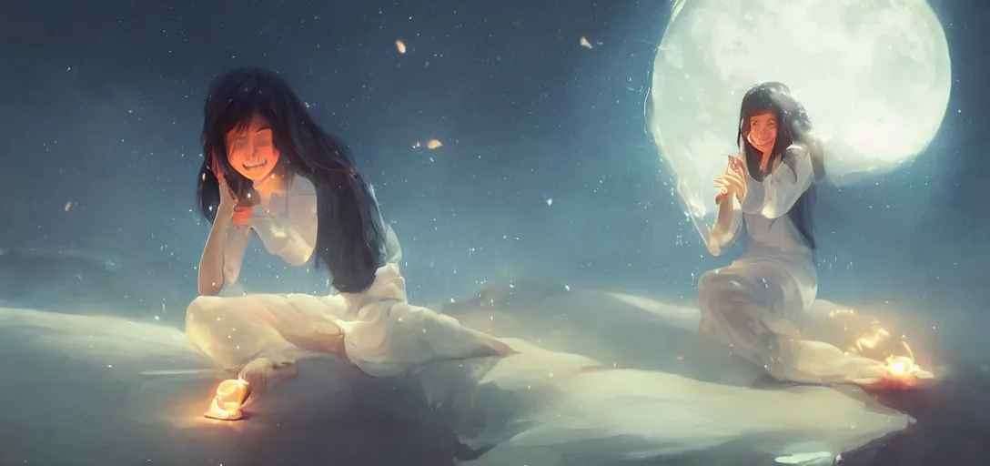 Image similar to Young Himalayan woman floating amused using psychic powers to make a lighter float| night time scene, plain walls |light hearted, white eyes, long messy hair | gentle lighting, futuristic, dim lighting, digital art by Makoto Shinkai ilya kuvshinov and Wojtek Fus, digital art, concept art,