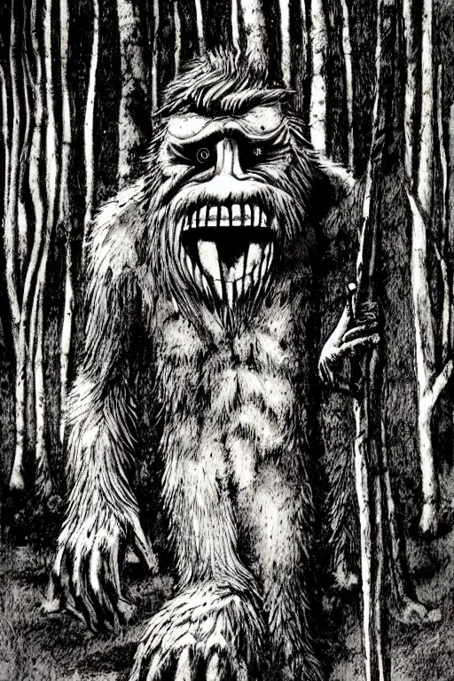 Prompt: mad bigfoot screaming in the woods artwork by ben templesmith