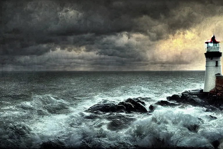 Image similar to hdr lighthouse cove in new england, stormy matte painting by andrea kowch, detailed realistic