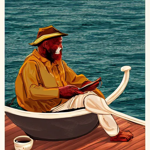 Image similar to a fisherman relaxing in a giant hot chocolate mug,digital art