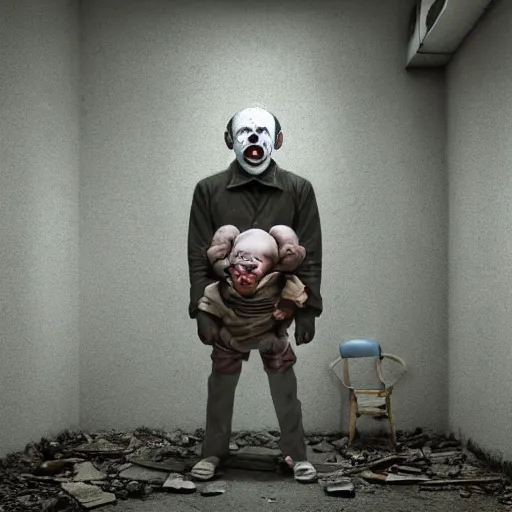 Image similar to a clown holding a baby inside an abandoned hospital, beksinski, dariusz zawadzki, symmetrical, surreal, magic surrealism, very coherent symmetrical artwork, cinematic, hyper realism, high detail, octane render, 8 k