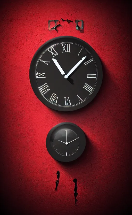 Image similar to a melting Roman numeral clock, behind a red and black gradient background, awith a black heart shaped on the top left corner and a black diamond card shape in the bottom right corner, dynamic lighting, photorealistic fantasy concept art, trending on art station, stunning visuals, cinematic, creative, ultra detailed