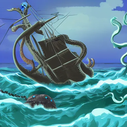 Image similar to kraken attacking a pirate ship in the middle of the ocean digital art