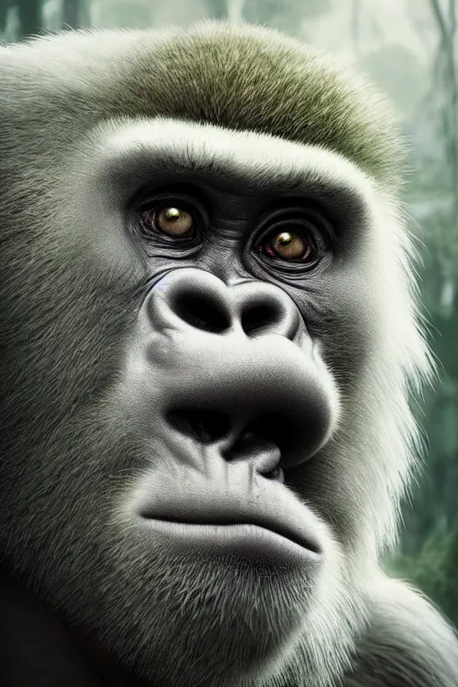 Prompt: portrait of a majestic white Gorilla in the exotic Jungle, Single face, dramatic lighting, cinematic, establishing shot, extremly high detail, photo realistic, cinematic lighting, post processed, concept art, artstation, matte painting, style by eddie mendoza, raphael lacoste, alex ross