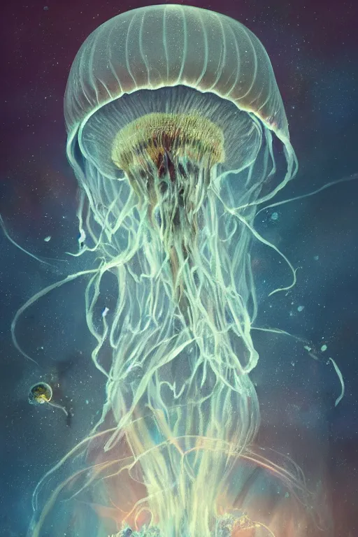 Prompt: the look of an elderly person full of wrinkles and imperfections comes out of a tornado jellyfish by artgem and greg rutkowski, highly detailed, high contrast, light reflection, trippy, nebula, trending on artstation